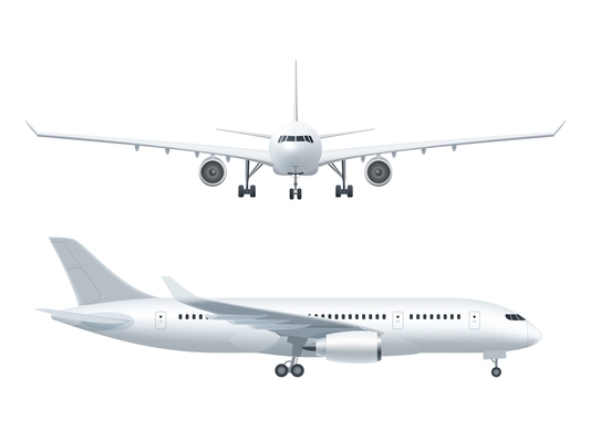 White airplane icon set  on a white background in profile and from the front isolated vector illustration