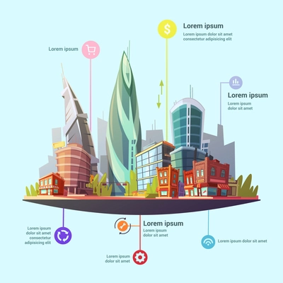 Modern capital city downtown office and residential buildings complex services concept infographic symbols poster abstract vector illustration