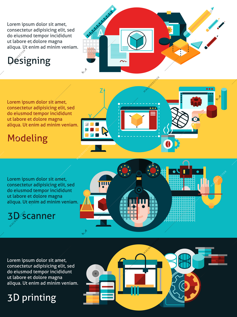 Prototyping flat horizontal banners with desining cad modeling and 3d printing icons set vector illustration