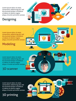 Prototyping flat horizontal banners with desining cad modeling and 3d printing icons set vector illustration