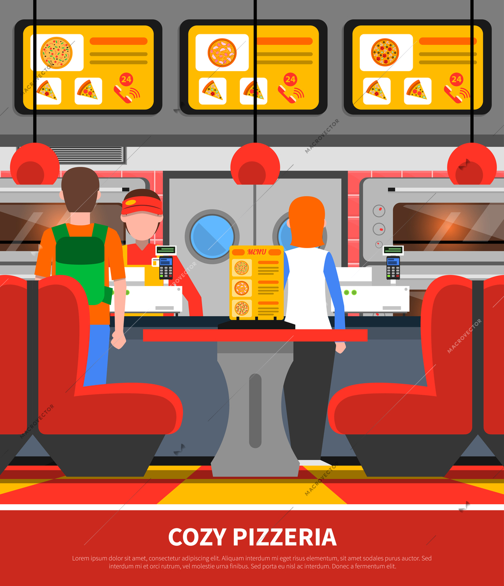 Fast food restaurant pizzeria interior with customer silhouettes flat vector illustration