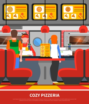 Fast food restaurant pizzeria interior with customer silhouettes flat vector illustration