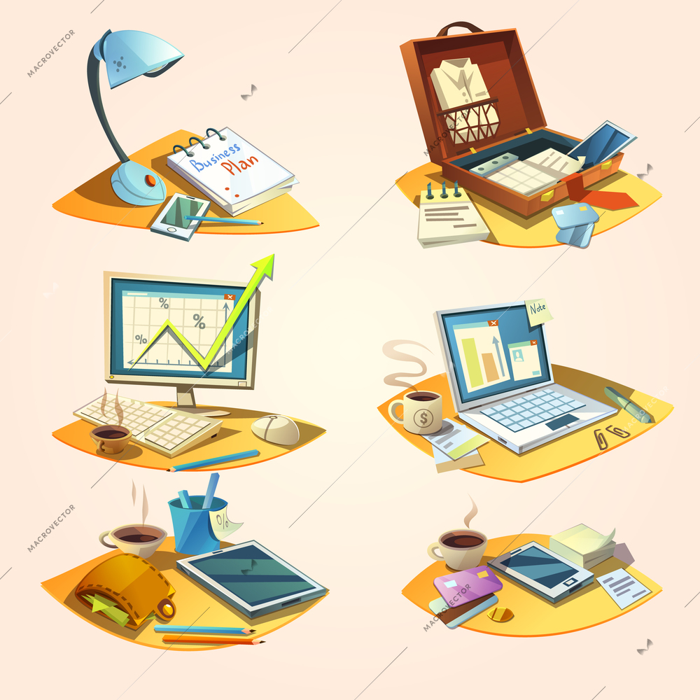 Business concept set with retro cartoon office work icons isolated vector illustration