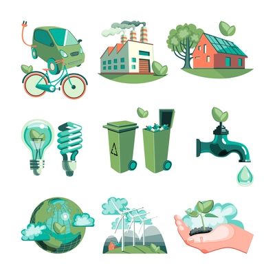 Ecology decorative icons set with earth industry solar panels clean water wind turbines garbage isolated vector illustration