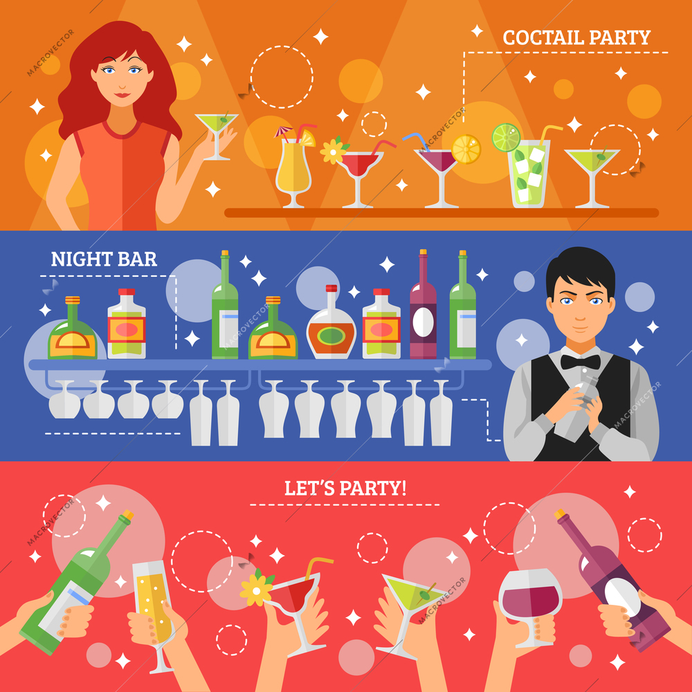 Cocktail party in night bar 3 flat horizontal colorful festive banners with alcohol drinks abstract isolated  vector illustration