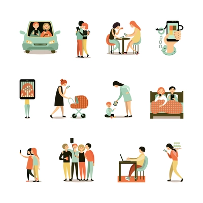 Internet addiction decorative icons set of people with smartphones during meeting driving walking working isolated vector illustration