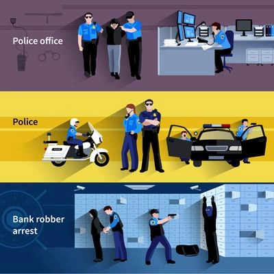 Police horizontal banners of policeman people in office and outdoor and at bank robber arrest flat shadow vector illustration