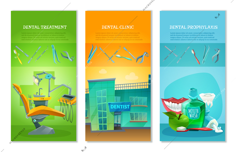 Dental clinic for affordable prophylactic procedures and painless treatment 3 flat vertical banners set abstract vector illustration