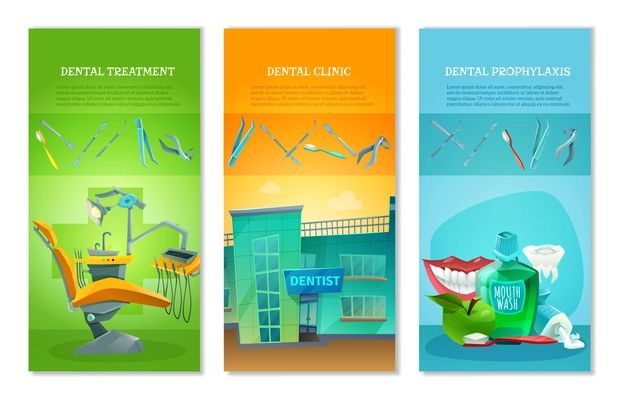 Dental clinic for affordable prophylactic procedures and painless treatment 3 flat vertical banners set abstract vector illustration