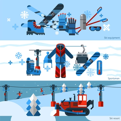 Three flat horizontal skiing banners set of ski and snowboard equipment isolated vector illustration