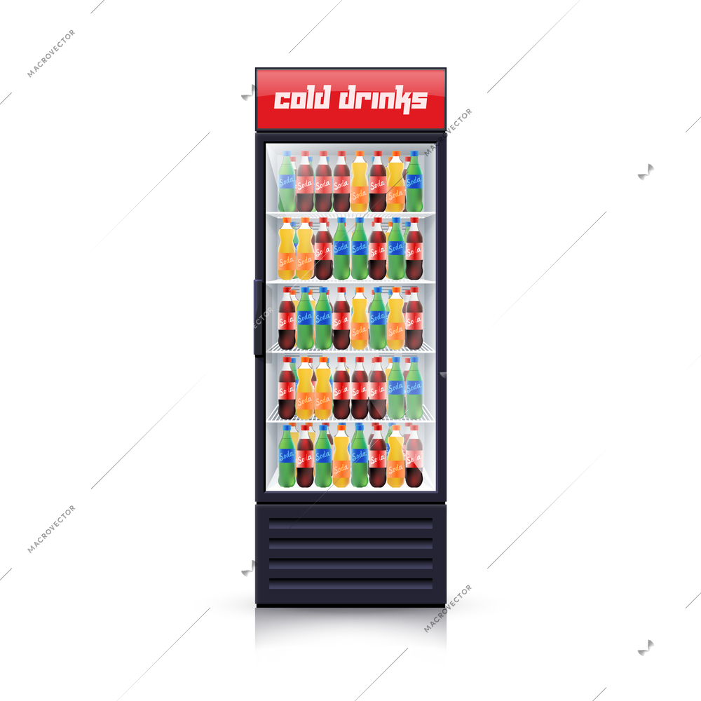 Fridge dispenser cooling machine selling best cola refreshments drinks single object icon realistic vector Illustration