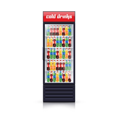 Fridge dispenser cooling machine selling best cola refreshments drinks single object icon realistic vector Illustration