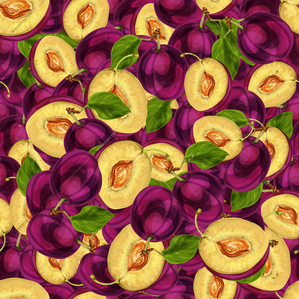 Seamless plum fruit sliced in half with seed leaves and juicy meat pattern hand drawn sketch vector illustration