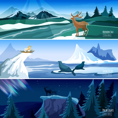 Northern landscape 3 flat interactive banners set with polar lights and icy mountains peaks  abstract vector illustration