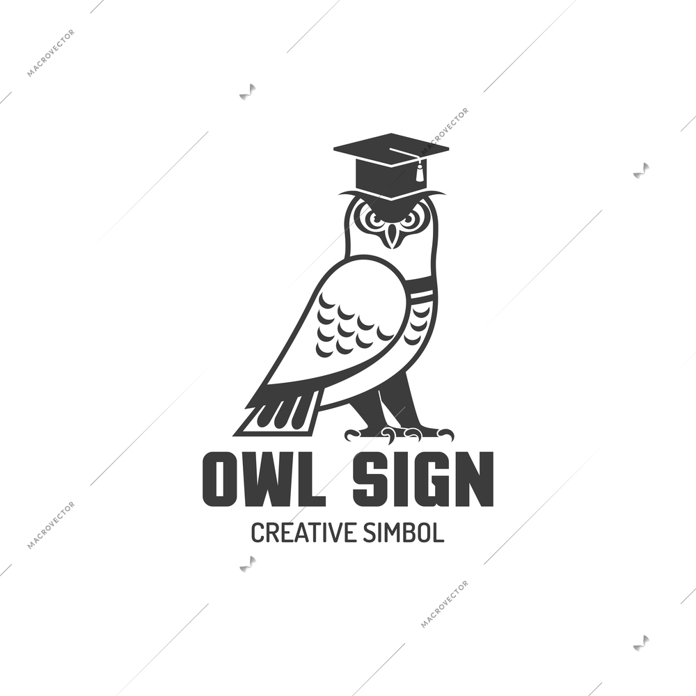 Black and white logotype sign of owl in square academic cap creative simbol flat vector illustration
