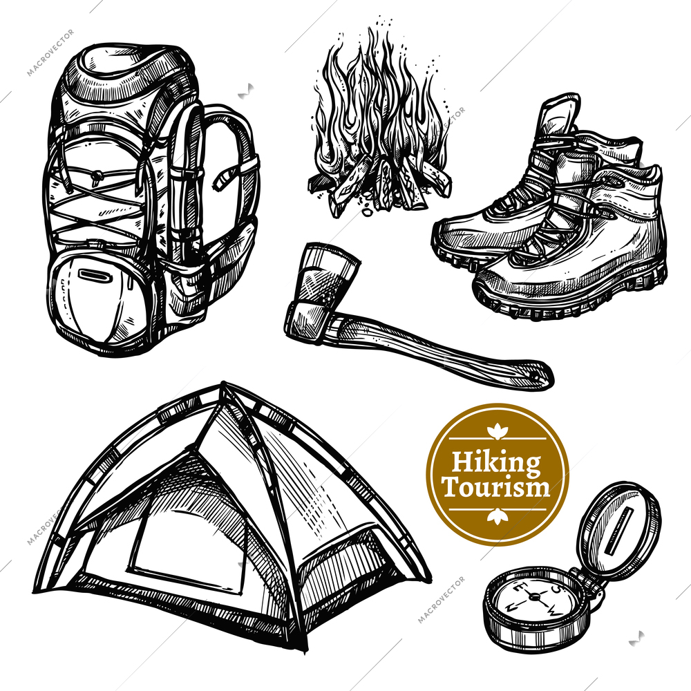 Black and white sketch tourism camping hiking set with backpack campfire shoes ax tent isolated vector illustration