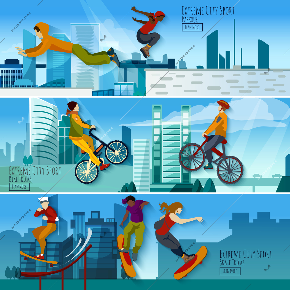 Extreme city sport 3 flat interactive banners set with skateboarding tricks and parkour abstract isolated vector illustration