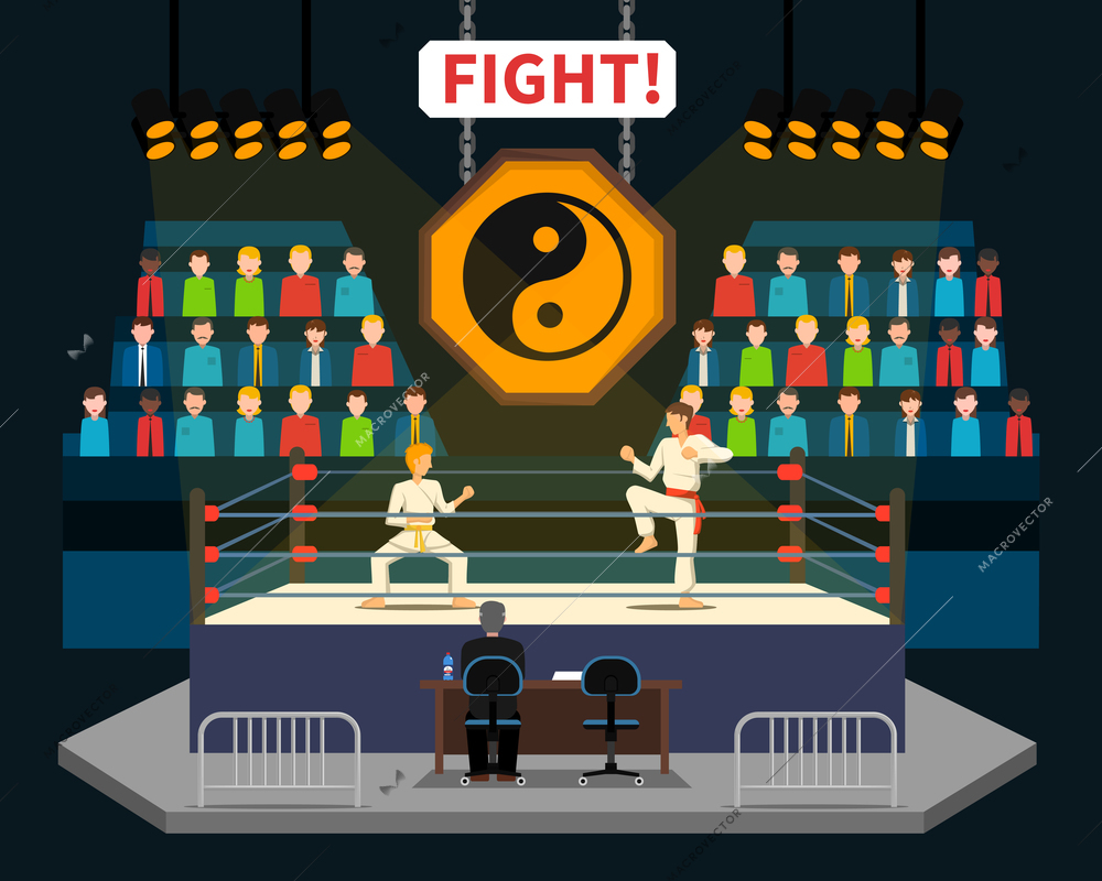 Martial arts fight concept with spectators and judge flat vector illustration