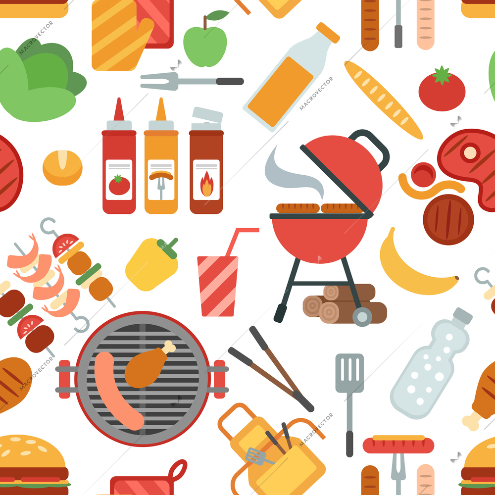 BBQ party seamless pattern with grill meat and vegetables flat vector illustration