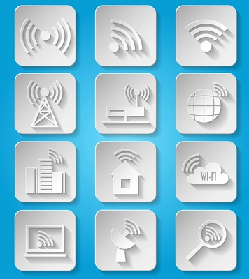 Wireless communication network business paper icons set of cafe wifi hotspot signal search and router device isolated vector illustration