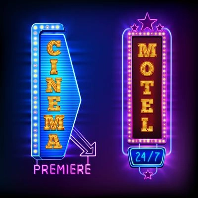 Retro light vertical signs with cinema and motel emblems isolated vector illustration