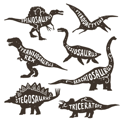 Dinosaurs black silhouettes set with lettering pterodactyl plesiosaur spinosaurus tyrannosaurus triceratops on white background isolated vector illustration