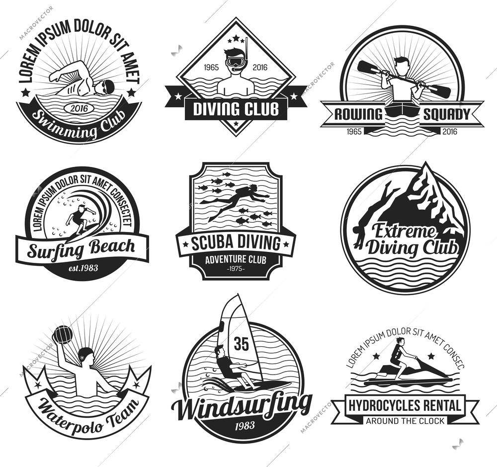 Water sport black and white label set for surfing swimming and diving club isolated vector illustration