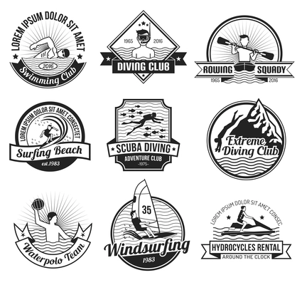 Water sport black and white label set for surfing swimming and diving club isolated vector illustration
