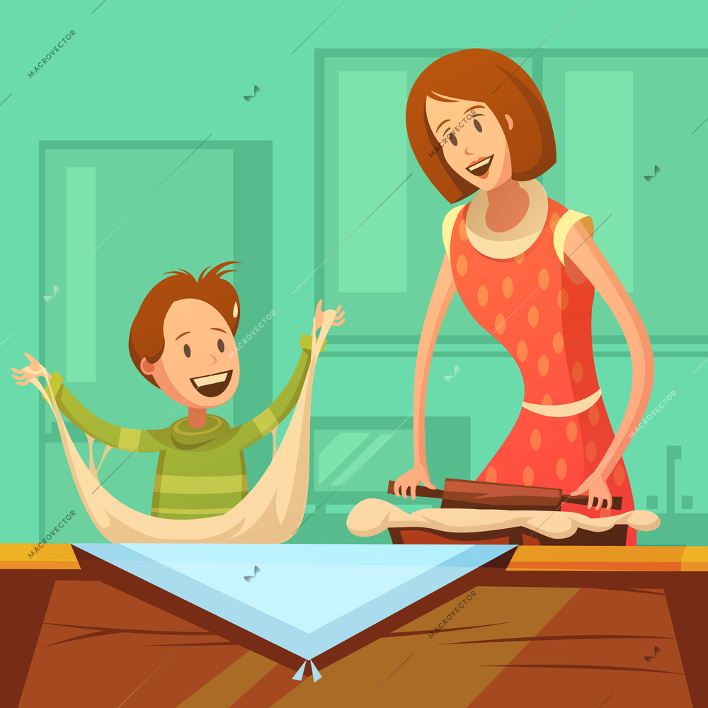 Family cooking background with mother and son making pastry cartoon vector illustration
