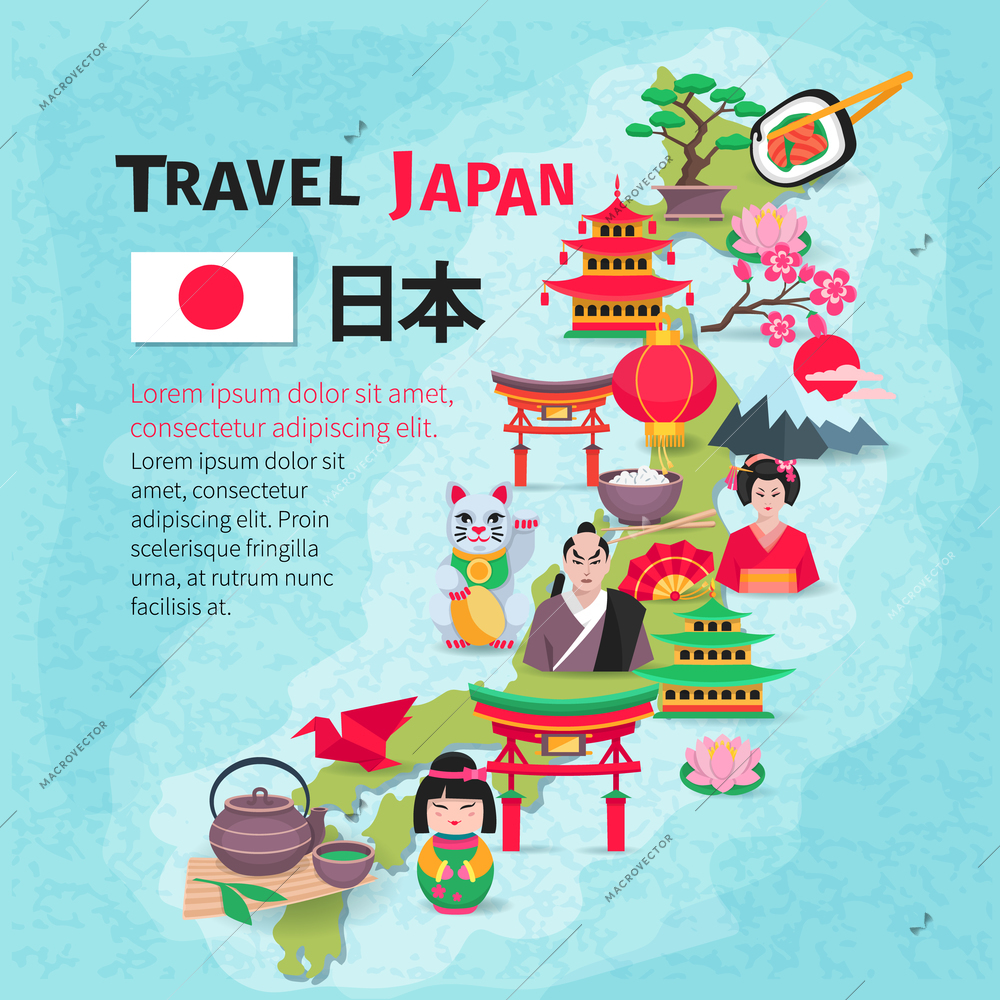 Japanese culture and national symbols with country map and flag for travelers flat poster abstract vector illustration