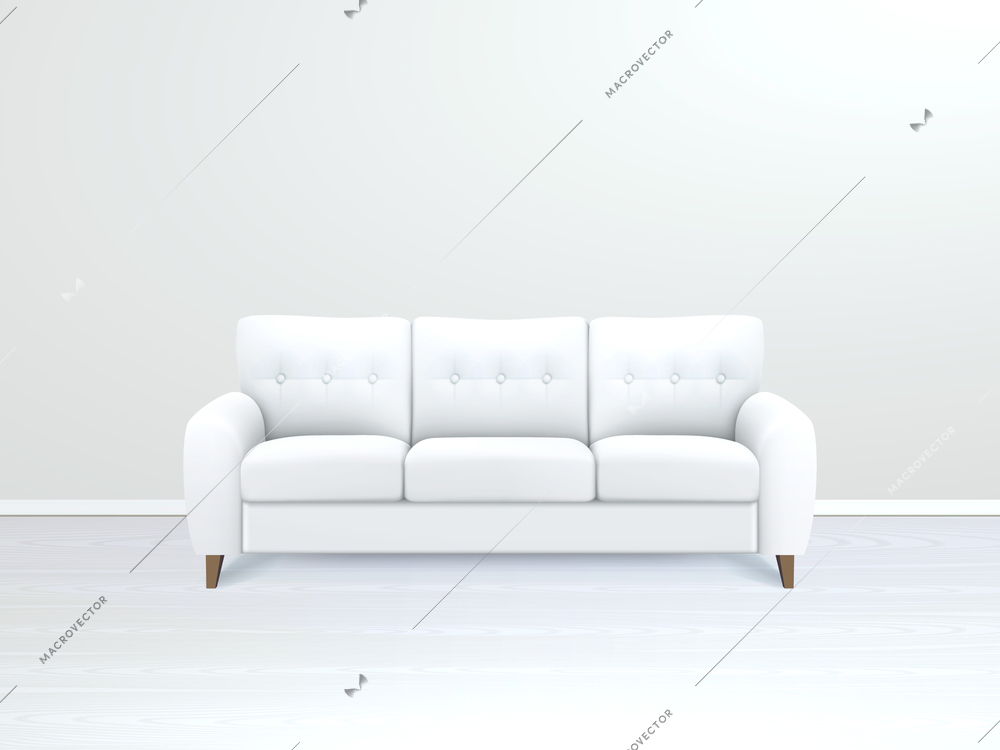 White soft luxury leather sofa in modern apartment salon art gallery or office interior realistic vector illustration