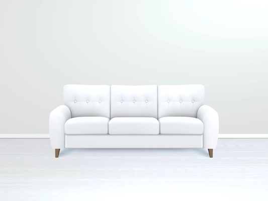 White soft luxury leather sofa in modern apartment salon art gallery or office interior realistic vector illustration