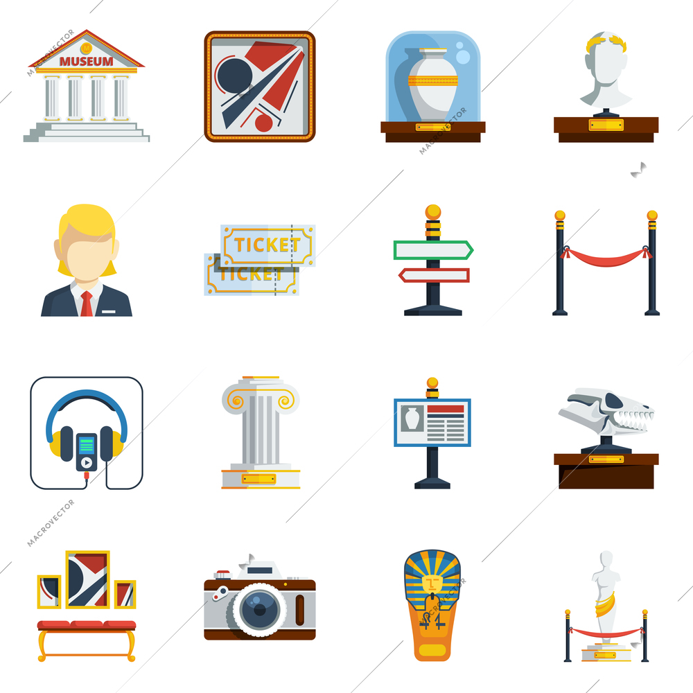 Museum flat icon set with colored abstract elements like pictures antique vase labels tickets sculptures and others vector illustration