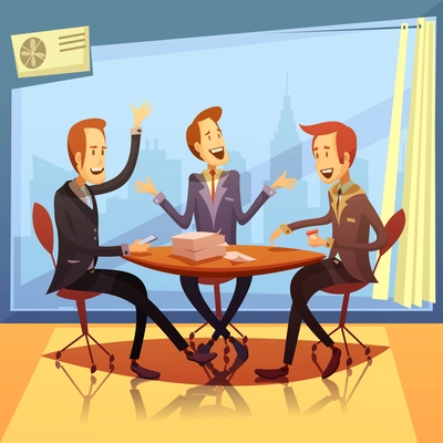 Business meeting with discussion and brainstorming symbols cartoon vector illustration