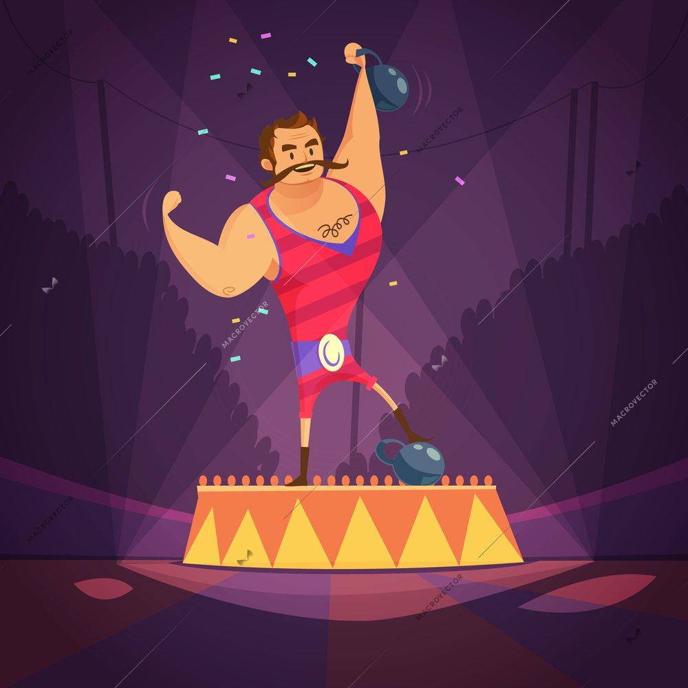 Circus athlete cartoon concept with weightlifting and power symbols vector illustration