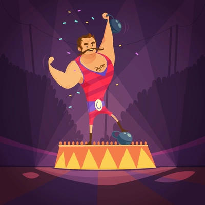 Circus athlete cartoon concept with weightlifting and power symbols vector illustration