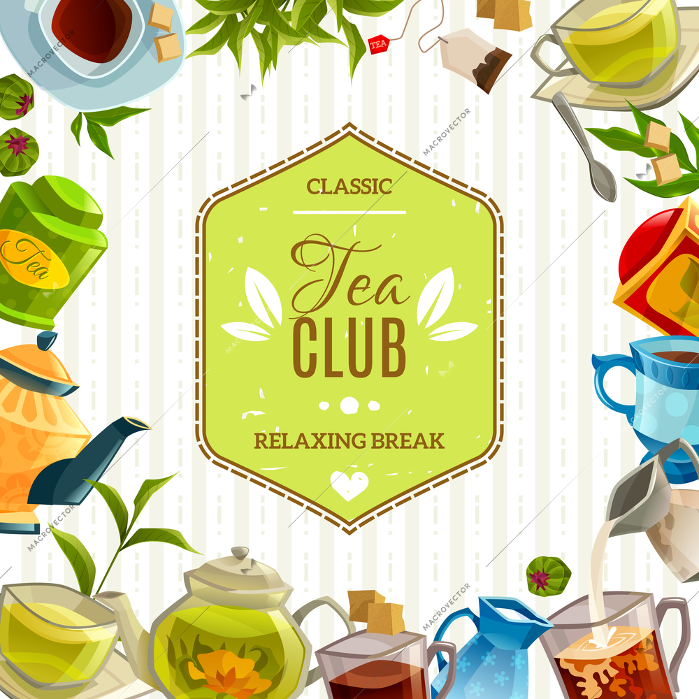 Retro style poster with tea club label in center and different accessories like mug teapot tea leaves on the sides vector illustration