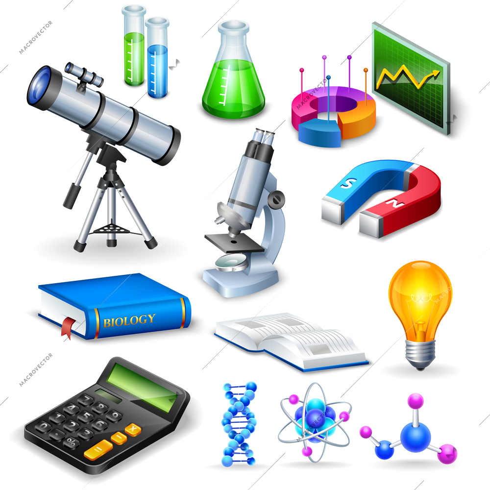 Science realistic icons set with microscope calculator telescope magnet  and  models of substance molecule vector illustration