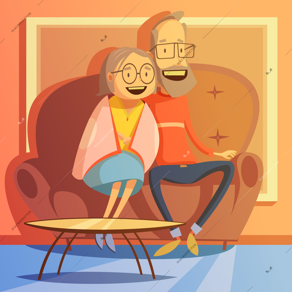 Senior couple sitting on a sofa at home background cartoon vector illustration
