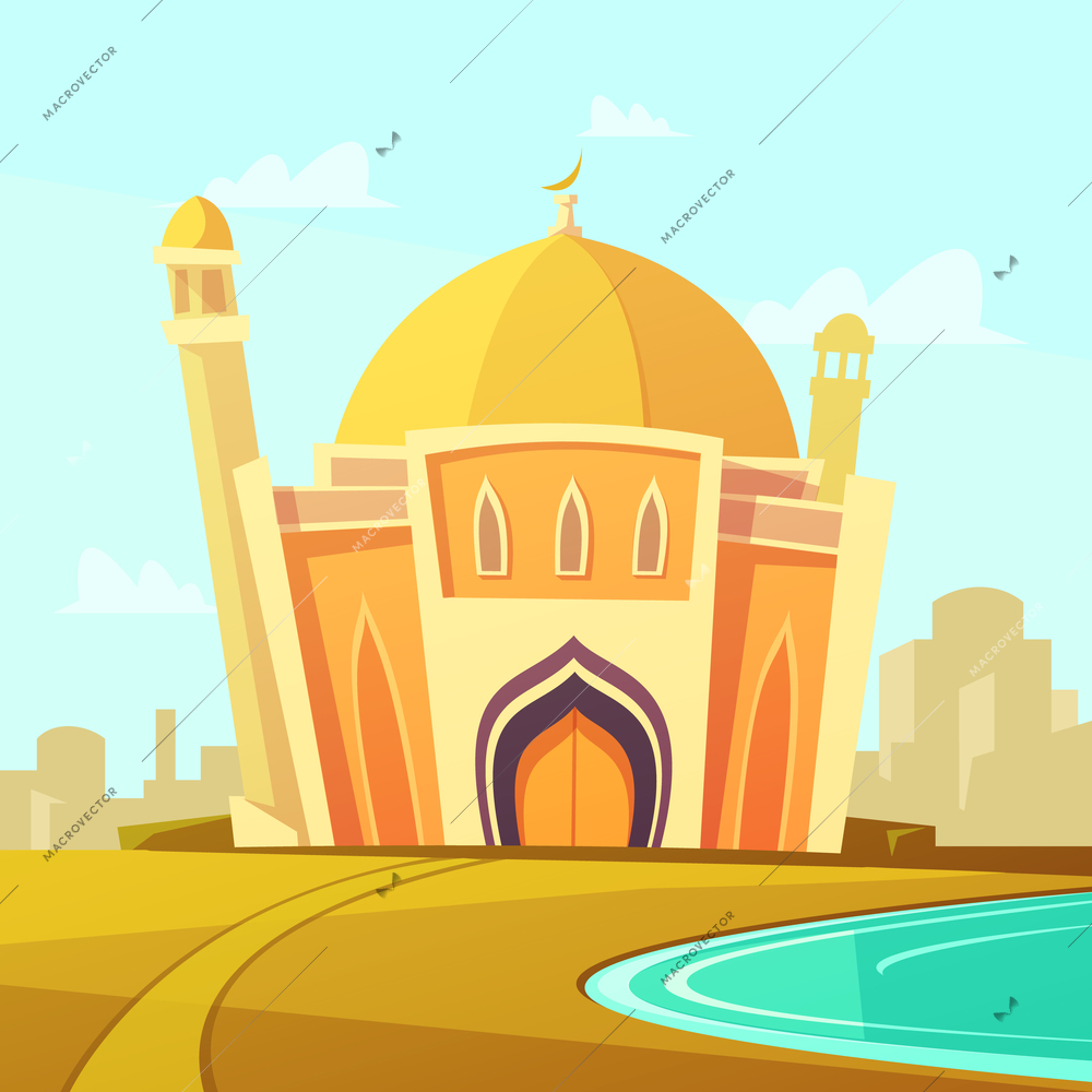 Mosque building with lawn by the river near the city cartoon vector illustration