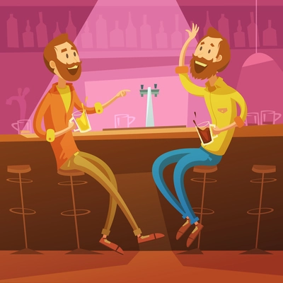 Talking and drinking friends in the bar background with chairs and beer cartoon vector illustration