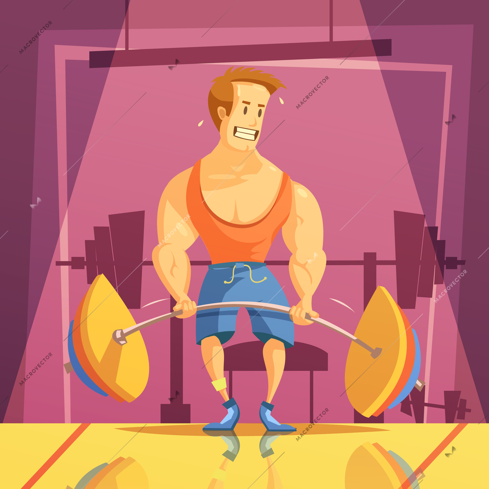 Deadlift and gym cartoon background with weight man and barbell vector illustration