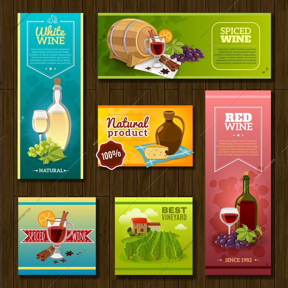 Wine banners set with vineyard cocktails ceramic bottle and barrel on wooden background isolated vector illustration