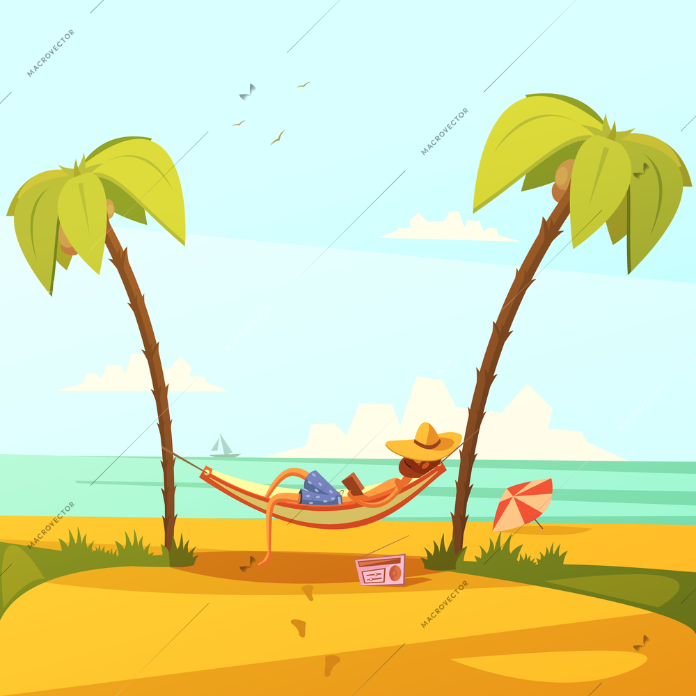 Man on the beach background with hammock hat radio and palms cartoon vector illustration