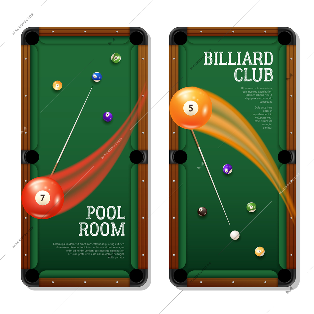 Billiards vertical banners set with pool room symbols realistic isolated vector illustration