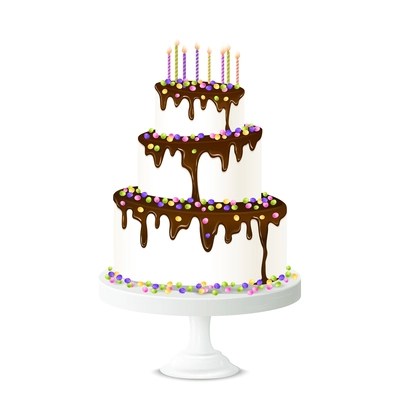 Realistic birthday cake with chocolate icing candles and sweet drops vector illustration