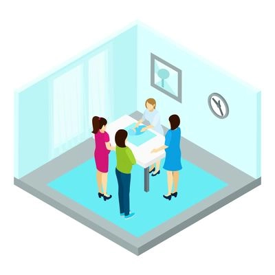 Group pregnancy training with women and instructor isometric vector illustration