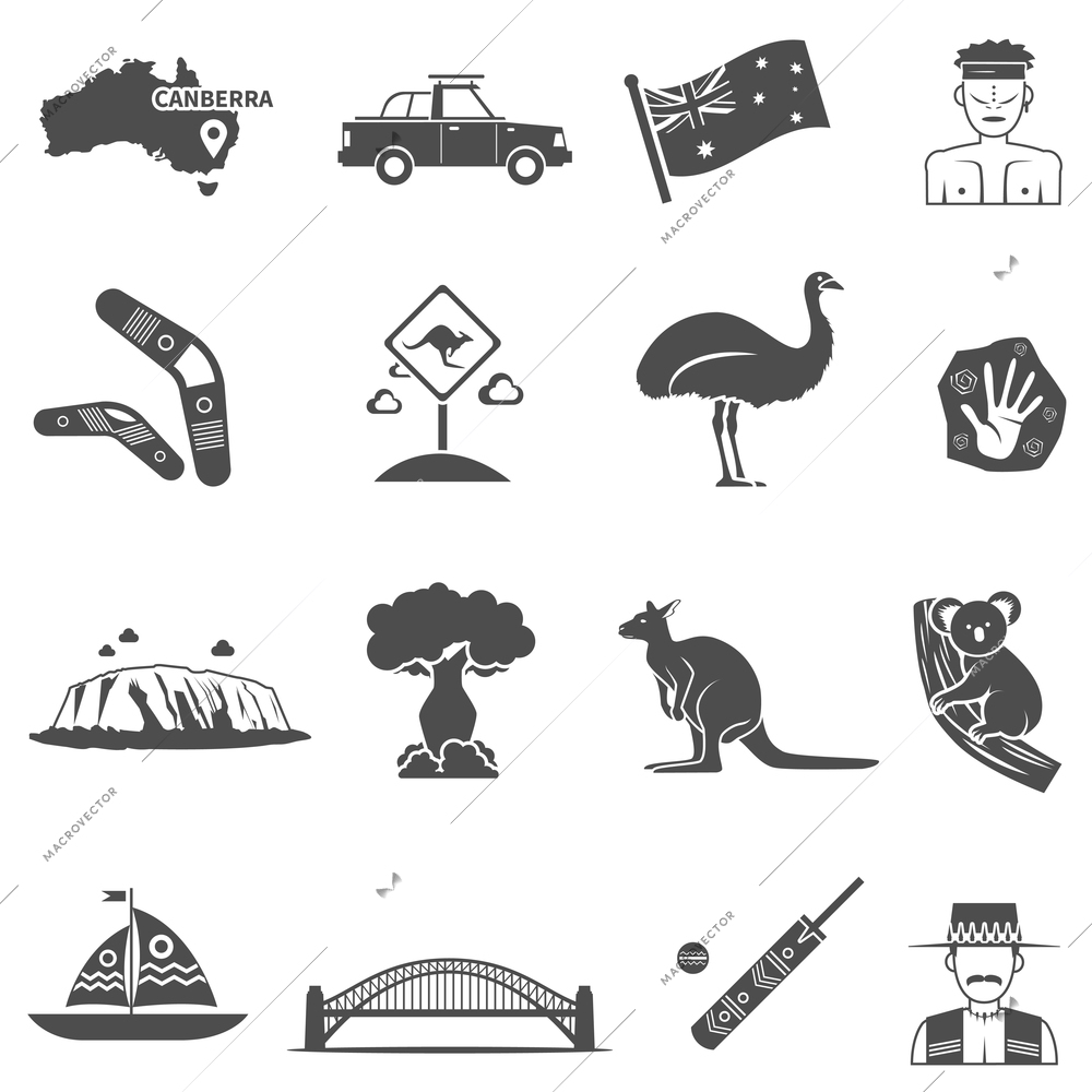 Australia black white icons set with kangaroo and koala flat isolated vector illustration