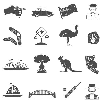 Australia black white icons set with kangaroo and koala flat isolated vector illustration