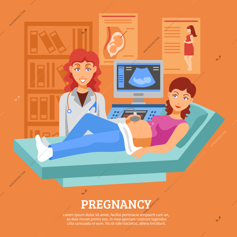 Poster with pregnant woman laying on the couch during the ultrasound checking vector illustration